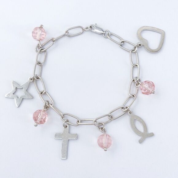 Vintage Sterling Silver 925 Religious Pink Crystal Charm Bracelet 7" - Picture 3 of 5